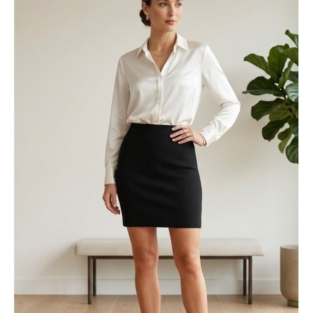 Boston Proper S Black Pull-On Mini Pencil Skirt Fine Ribbed Knit Classic